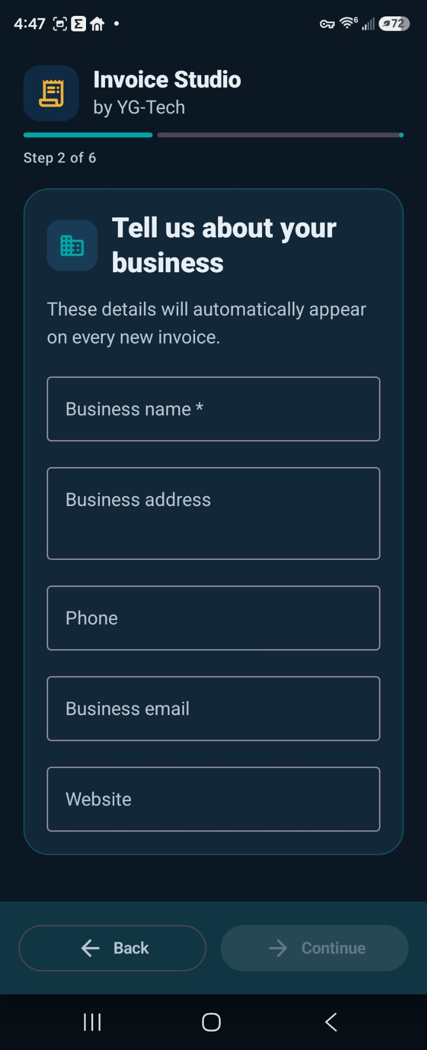 Invoice Studio Android business profile setup screen