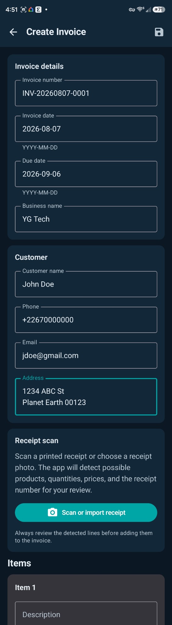 Invoice Studio Android create invoice screen