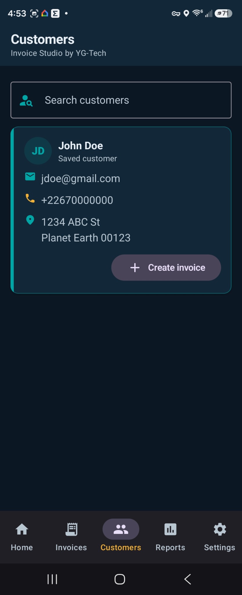 Invoice Studio Android customer management screen