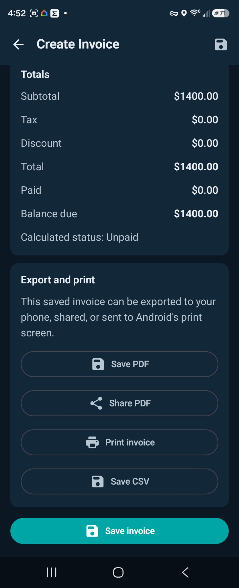 Invoice Studio Android PDF CSV share and print controls