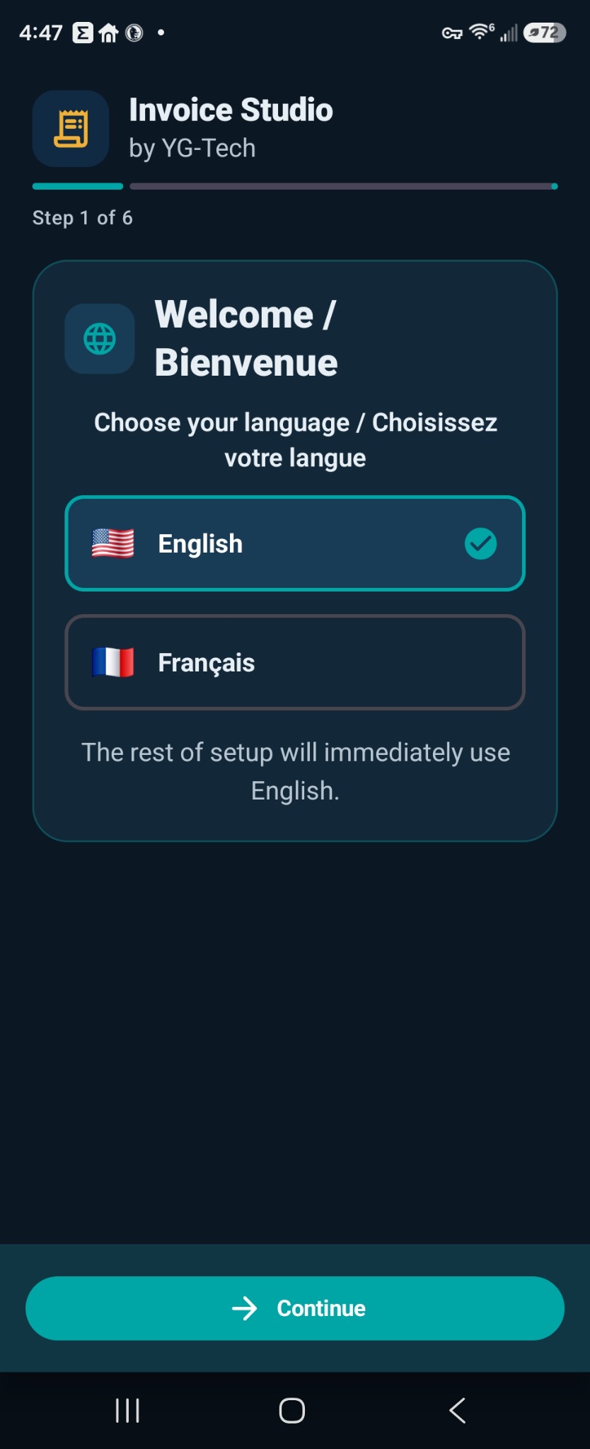 Invoice Studio Android bilingual welcome screen