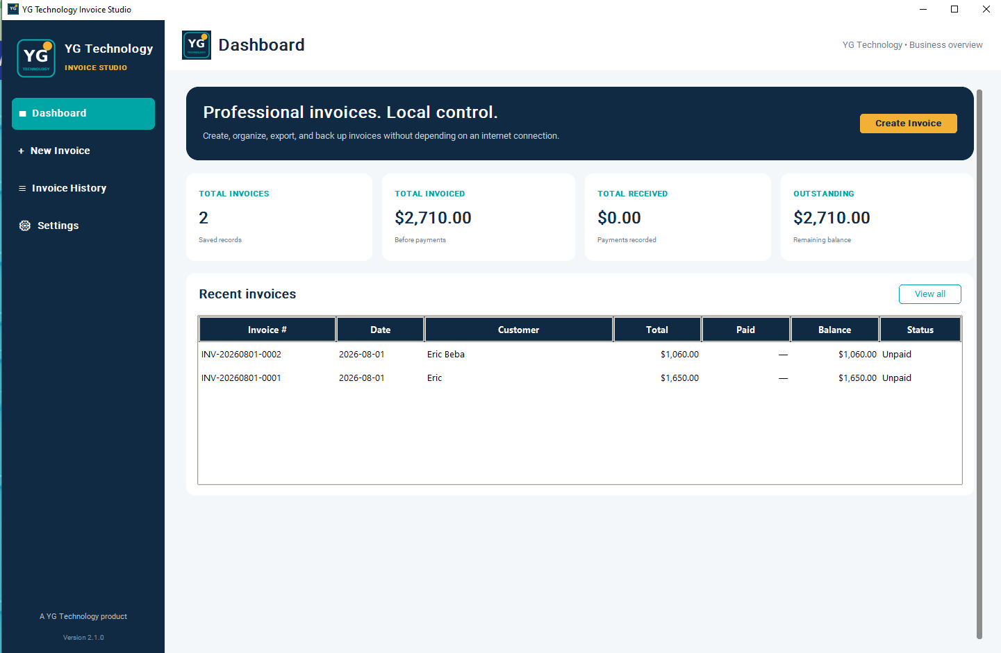 Invoice Studio Windows dashboard preview