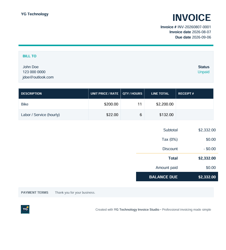 Professional PDF invoice generated by Invoice Studio