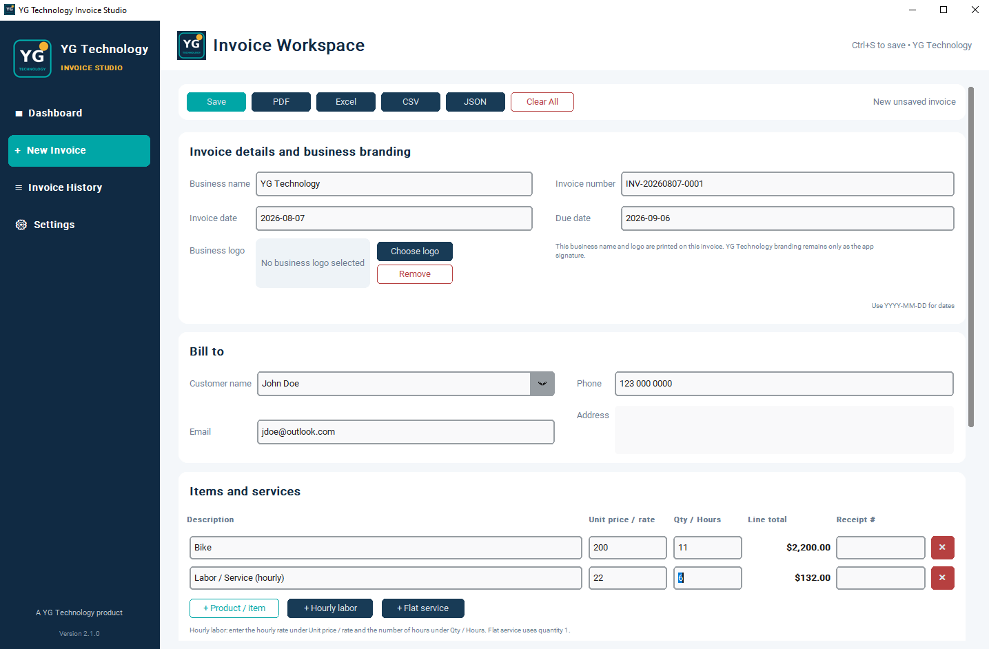 Invoice Studio Windows populated invoice workspace