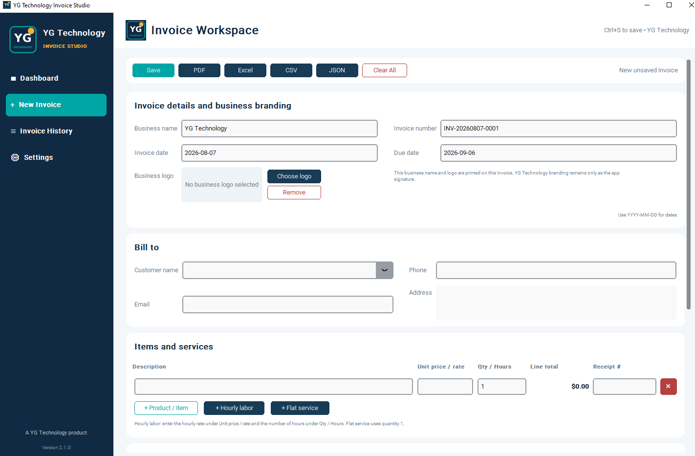 Invoice Studio Windows new invoice workspace